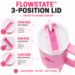 STANLEY Quencher H2.0 FlowState Stainless Steel Vacuum Insulated Tumbler with Handle and Straw, 40 oz (Peony) - Image 4